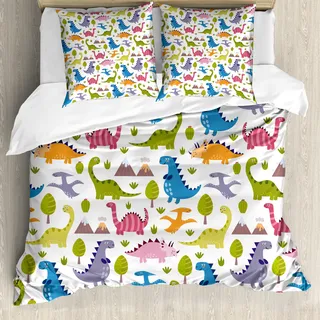 ABAKUHAUS Dino Bettbezug, Dinosaurier Bunte, Milbensicher Allergiker geeignet mit Kissenbezügen, 200 cm x 200 cm - 80 x 80 cm, Mehrfarbig
