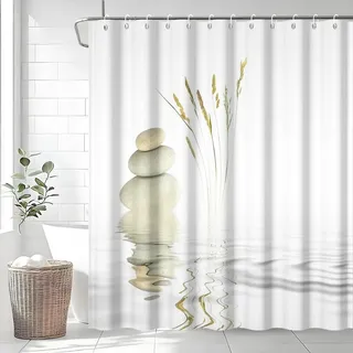 Uiiooazy Duschvorhang 180x200cm, Duschvorhang Anti Schimmel Spa Steine Grau Pebble Zen Landschaft Motiv Duschvorhänge Stoff Waschbar Wasserdicht Polyester Bad Vorhang mit 12 Haken für Badezimmer