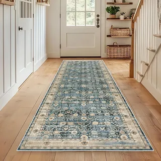 WTHYGB Teppich Läufer Flur Teppichläufer Küchenläufer Küche Teppiche rutschfest Waschbar Bettvorleger für Flur Waschküche, 60x180cm Blumen Boho