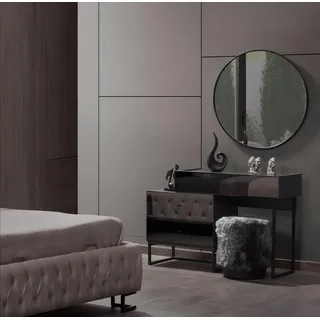 Designer Grauer Schminktisch Rundspiegel Polsterhocker Luxus 3tlg Set - Grau