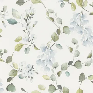 Rasch Textil home style Tapete 285789 - Helle Papiertapete mit Eukalyptus und blauen Pflanzen in Aquarelloptik - 10,05m x 0,53m