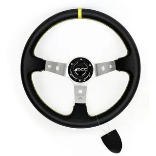 occ motor sport Offset Lenkrad Auto Track Modell Leder Silberarme - 90 Mm Vollstichrad - 350 Mm (14 Zoll) Schwarz - Gelb