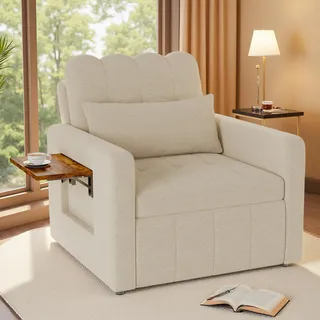 INONEFT Schlafsofa 3 in 1 mit Bettfunktion, Schlafsessel mit 5-Fach Verstellbarer Rückenlehne, Kissen und Klappbarer Beistelltisch, Chenille, Beige - Beige