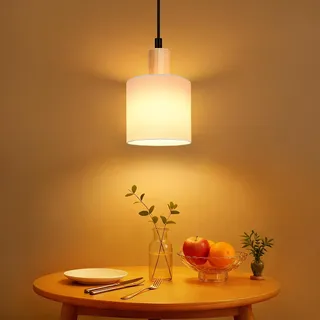 Glitzerlife Pendelleuchte 1 Flammig Esstischlampe Holz - Esszimmerlampe E14 Weiß Vintage Hängelampe Rustikal Küche Flurlampe Stoff für Flur Esstisch Schlafzimmer Wohnzimmer
