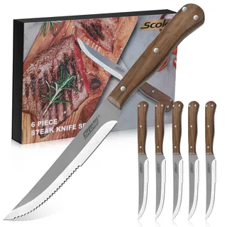 SCOLE® Steakmesser Set 6-teilig, Küchen Steakbesteck aus rostfreiem Spezialklingenstahl mit Wellenschliff, Pizzamesser und Ergonomischem Holzgriff Steak Messer, mit Premium-Geschenkbox