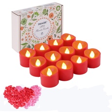 LED Teelichter 12 Stück rote Kerzen mit Timer 6 Stunden an 18 Stunden aus flackernde elektrische Teelichter mit 100 Rosenblättern, warmgelb