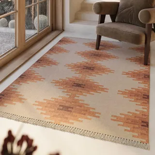 Green Looop Wollteppich GREEN LOOOP "Belle", beige (beige, hell), B:140cm H:5mm L:200cm, Wolle, Teppiche, Fransen, Kelim, handgewebt, Natur, Wohnzimmer, Schlafzimmer, Raute