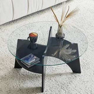 Moderner runder Beistelltisch Ø 80 cm – Designertisch aus Sicherheitsglas mit schwarzem MDF-Gestell, fächerförmige Konstruktion, vielseitig einsetzbar als Couchtisch oder Ablagetisch - Schwarz