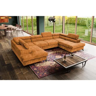 U-Form Polsterecke Sorento U 345 cm XXL Ecksofa große Schlafecke mit Bettkasten Kopfstützen Wohnlandschaft, Stoff: sally 14 - orange - Orange