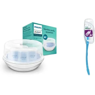 Philips Avent Mikrowellen Sterilisator, Dampf-Sterilisator für bis zu 4 Babyflaschen, Schnuller und Zubehör, weiß (Modell SCF281/02) & Avent Flaschen- und Saugerbürste (Modell SCF145/06)