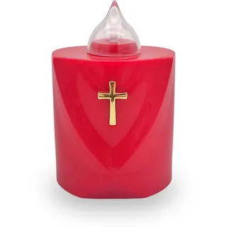 AROBA LED Grabkerze Trauerlicht - Flackereffekt wie echte Kerze - lange Brenndauer bis 120 Tage - wiederverwendbar Friedhofskerze Gedenkkerze Dauerkerze - rot Heiliges Kreuz