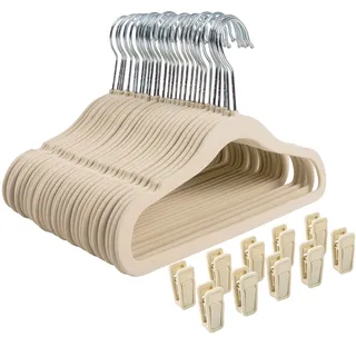 Finnhomy rutschfeste Kleiderbügel für Baby und Kinder, Samt-Kleiderbügel mit 10 Fingerclips, Beige, 30 Stück