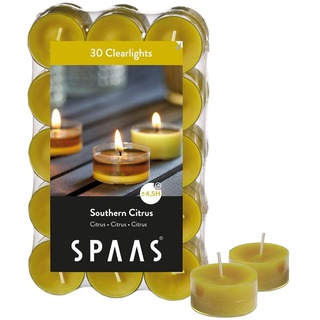 Spaas Pack de bougies Godets transparentes parfumées Agrumes du sud 30 Duftenden Clearlights, Teelichter mit durchsichtigem Halter, ± 4,5 Stunden-Southern Citrus, Herbst gelb, D 38 mm x H 19 mm