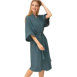 Damen Bademantel Baumwolle,Morgenmantel Für Damen, Langer Bademantel Für Damen, Leichter, Oberschenkellanger Kimono-Bademantel Für Brautjungfern Aus Leinen (Color : Green, Size : L)