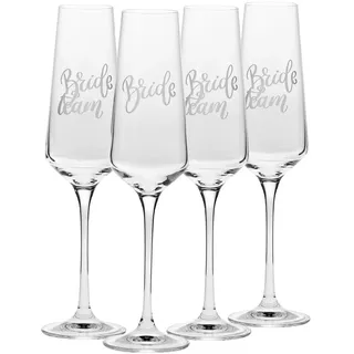 Krosno – Champagner- & Prosecco-Gläser Bride & Team Bride 180 ml – 4er Set – Handgefertigt – Kristallglas – Weiß Matt Verziert – Für Junggesellinnenabschied & Geschenk für die Braut