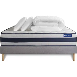 Komplettpaket Bett - Matratze 180x200 cm + Boxspringbett mit Lattenrost (im Set) + 2 Kopfkissen + Bettdecke - Actilatex Ergo - Grau