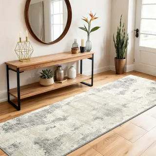 SOANNY Teppich Läufer 60x180 cm Kurzflor, modern abstrakt, super weich, waschbar und rutschfest für Flur, Wohnzimmer, Schlafzimmer, Bettumrandung, Küche, Heimbüro, Korridor und Treppe, Beige-Grau