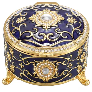 SUMTree Vintage Schmuckkasten mit Deckel Retro Schmuckschatulle aus Aluminium Runde Ringbox Dunkelblau Schmuckkästchen Schmuckbox für Kette, Ohrringe Damen Geschenk für Geburtstag, Hochzeit (Klein)