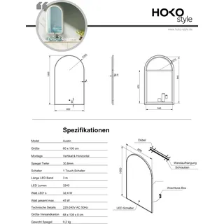 HOKO Badspiegel Bogen LED 60x100cm mit Metallrahmen, HOCH+QUER Montage,Arch Lichtspiegel+Touch Schalter+Licht Wechsel 2700-6500K, Warmweiß-Kaltweiß - Weiß