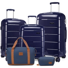 KONO Koffer Sets von 5 Stück Cabin/Medium/Large Luggage Carry On Travel Suitcase Sets mit Reisetasche und Kulturbeutel Lightweight Polypropylene Hard Shell Trolley Case with Secure TSA Lock(Navy)