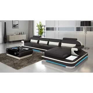 Ledersofa Couch Wohnlandschaft Ecksofa Eck Garnitur Design Modern Sofa LED USB - Schwarz