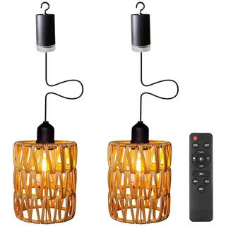 2 Stück Rattan Hängelampe Außen Innen Hängeleuchte Boho Batteriebetriebene Lampe Hängeleuchte Ohne Stromanschluss Tragbare Korb Lampenschirm Pendelleuchte für Innen Außen Garten