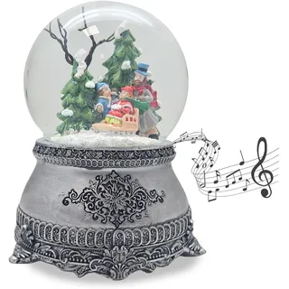 Weihnachts-Schneekugel mit Musik | Schneekugel Winterspaziergang mit Familie | Sockel Zinnoptik Ornamente | 100mm breit, 140mm hoch | mechanische Spieluhr | Weihnachtsdekoration | 20316