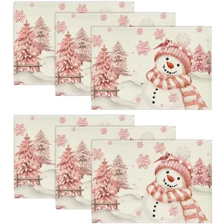 Artoid Mode Rosa Schneemann Weihnachten Platzsets 6er Set, 30x45cm Winter Xmas Tischset Waschbar Platzdeckchen Küche Party Deko