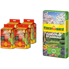 Floragard 4 x Aktiv-Tomaten-und Gemüseerde 20 Liter Blumenerde erdfarben & Florahum Pflanzerde 70 L • Universalerde • für Blumenbeete Stauden
