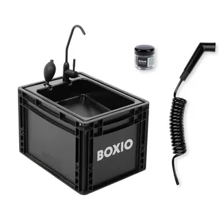 BOXIO - WASH Plus: Mobiles 40x30 Spülbecken Komplettset: Campingdusche + Reinigungsperlen + Spiegel, Camping Waschbecken mit Pumpe ohne Strom, Camping Zubehör in Eurobox für den (outdoor) Van Ausbau