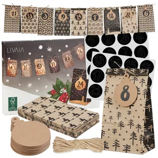 LIVAIA Adventskalender Selber Befüllen 2025 - DIY Adventskalender für Frauen, Männer, Kinder - Papiertüten klein, Zahlen Aufkleber, Jute Band, Anhänger - Adventskalender 2025 Basteln Set