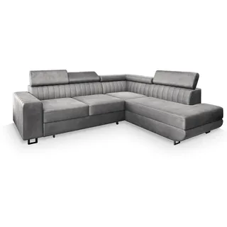 masseno Ecksofa Nola R-S Hellgrau Velours-Stoff mit Schlaffunktion , Metall , L-Form,L-Form , 253x190 cm , Wohnzimmer, Sofas & Couches, Wohnlandschaften, Ecksofas