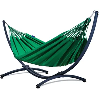 Potenza Outdoor Hängematte mit Gestell für 2 Personen I Merida- Baumwolle Doppelhängematte XXL 220x160, 220kg I Hängemattengestell 220kg, wetterfest (Grün, Basic Gestell Graphit)