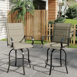IDEALHOUSE 2er Set Outdoor-Barhocker (Barhöhe) mit 360° Drehfunktion – hohe Rückenlehne & Armlehnen – wetterfestes Textilene, gesteppt – für Terrasse, Balkon & Garten – Farbe: Braun gesteppt