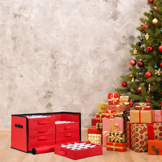 Relaxdays Aufbewahrungsbox Rot Schwarz für Weihnachtskugeln mit 2 Schubladen Größe L , Textil, Wellpappe , 62x30.5x30.5 cm , Dekoration, Weihnachtsdekoration, Christbaumschmuck