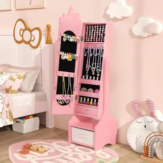 FANTASK 2 in 1 Kinder Schmuckschrank, Spiegelschrank neigbar mit Ganzkörperspiegel, Rosa Einhorn Mädchen Schublade & Aufbewahrunskorb, Schmuckständer Schminkspiegel für Kinder ab 3 Jahre