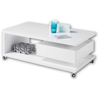 Stella Trading MILAN Moderner Couchtisch auf Rollen in Hochglanz weiß - mobiler Sofatisch mit Ablage & Schublade für Ihren Wohnbereich - 110 x 41 x 60 cm (B/H/T)