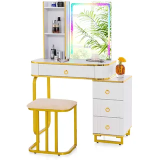 COSTWAY Schminktisch mit LED-Beleuchtung, kabelloser Ladestation, USB-Anschluss & 4 Schubladen, Kosmetiktisch mit Hocker, Weiß - Weiß