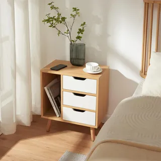 Nachttisch 'Bordkak' mit 3 Schubladen und 1 Fach 55 x 48 x 30 cm Holzbeine Eicheoptik/Weiß - Beige