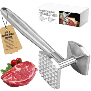 AKOLAFE Fleischklopfer Edelstahl Fleischklopfer 26cm Schnitzelklopfer Doppelseitig Fleischhammer Antihaft Meat Tenderizer Aufhängend für Steak, Huhn, Schwein, Rippchen, Spülmaschinenfest