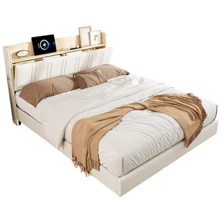 Shopentra Polsterbett 140x190 cm Weiß PU LED USB Schwebebett , Metall , Schlafzimmer, Betten, Polsterbetten