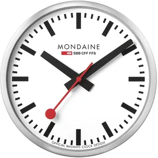 Mondaine - Wanduhr A990.Clock.16SBB 25cm - Bahnhofsuhr in Silber aus gebürstetem Aluminium mit rotem Sekundenzeiger staubbeständig - Hergestellt in der Schweiz