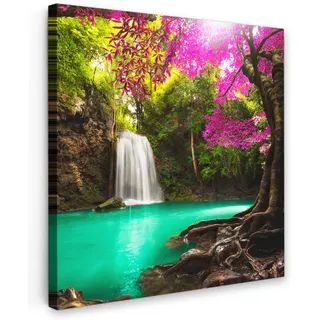 MuchoWow Leinwandbild Wasserfall mit bunten Blumen und Bäumen - Natur - Dschungel 90x90 cm , Waldgrün , Textil , Quadratisch , 90x90 cm , FSC 100% , gerahmt , Bilder & Rahmen, Bilder, Leinwandbilder