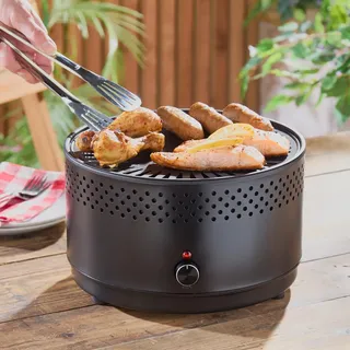 3 PAGEN® elektrischer Holzkohlegrill mit Lüfter – geeignet für Balkon, Terrasse & Park – rauchfreier Camping-Grill – klein & kompakt – inkl. Zange, Pinsel &Tasche - Ø 29 cm