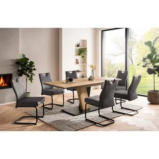 OTTO home Essgruppe ""Altona", Esstisch ausziehbar plus 6 Stühle" Esstisch ausziehbar 140 - 180 cm, 6 Freischwinger, 7 tlg. tlg. Säulentisch 140-180x90 cm, Stuhl mit Federkorb, 140 kg belastbar, eiche, anthrazit, anthrazit, schwarz