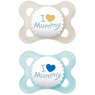 Mam Baby MAM Schnuller im 2er-Set, zahnfreundlicher Baby Schnuller aus nachhaltigen & bio-erneuerbaren Materialien, Sauger aus MAM SkinSoft Silikon, mit Schnullerbox, 0-6 Monate, blau/beige