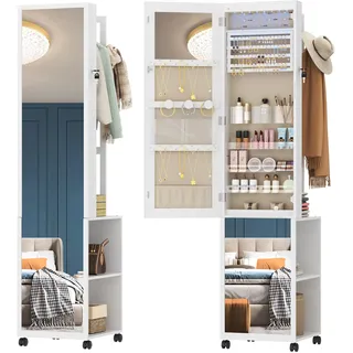 Hzuaneri Schmuckschrank mit Kleiderständer, Weiß und Beige | Spiegelschrank, stehender Schmuck-Organizer mit 1 Kleiderständer, 3-stufige Ablageflächen mit 4 Kleiderhaken, JC17003BE