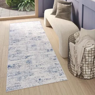 TAPISO Sky Teppichläufer Kurzflor Modern Creme Blau Grau Meliert Design Vintage Wohnzimmer Schlafzimmer Patchwork 3D Optik ÖKOTEX 100 x 250 cm