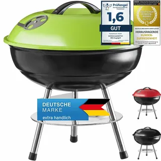 GOODS+GADGETS® Kugelgrill klein 38cm, Mini Tischgrill Holzkohle Grün | Unterwegs grillen, verstellbares Luftventil, emaillierter Edelstahl, 38x38x40 cm, mobiler Campinggrill, Holzkohlegrill