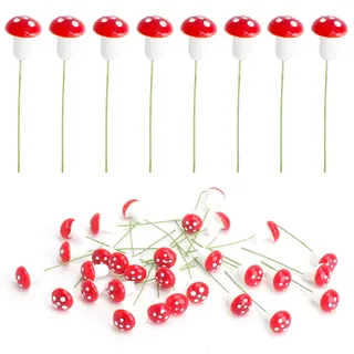 30 PCS Mini Pilze Deko, Mini Rote Pilze, Deko Fliegenpilze am Drath für Herbstdeko, Fliegenpilze am Drath Pilze Realistische Miniatur-Pilze für Micro Landschaft Gartendekoration DIY Potting Pflanzen